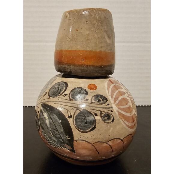 Vintage Floral Dove Tonala Burnished Pottery Water Jug Tumble Up Carafe w/ Cup - Picture 3 of 8